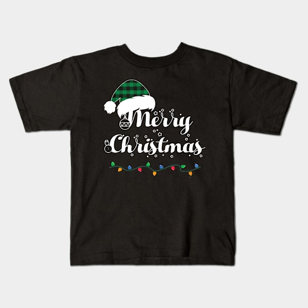 Merry Christmas Lights Santa Hat With Green Plaid Xmas Holiday Kids T-Shirt by Sackun